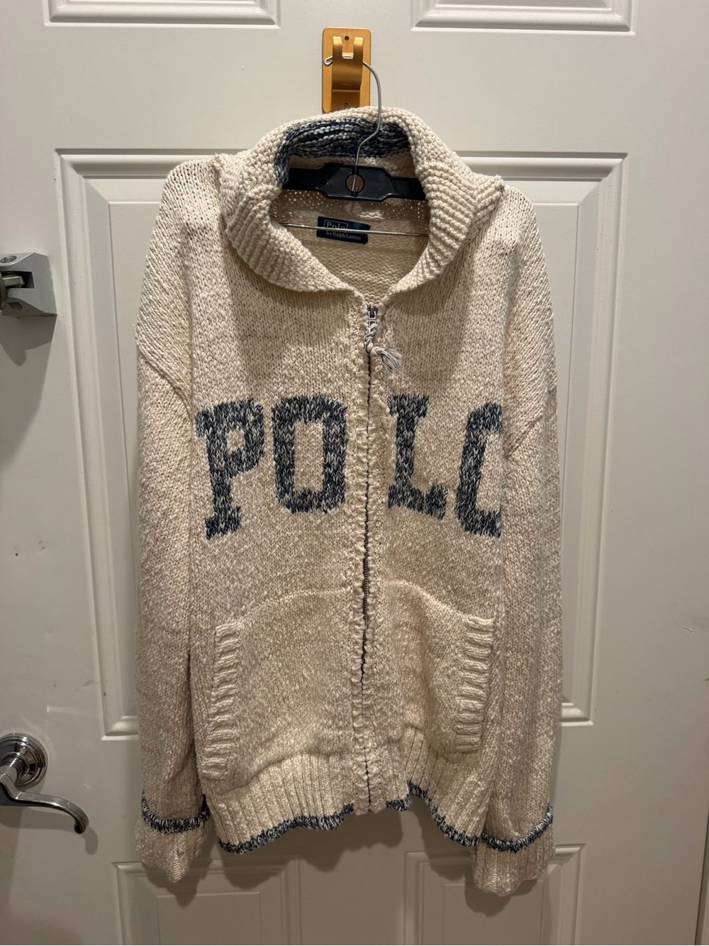 Polo Ralph Lauren Cream and Blue Logo Shawl-Collar Full-Zip Cardigan - Picture 2 of 4